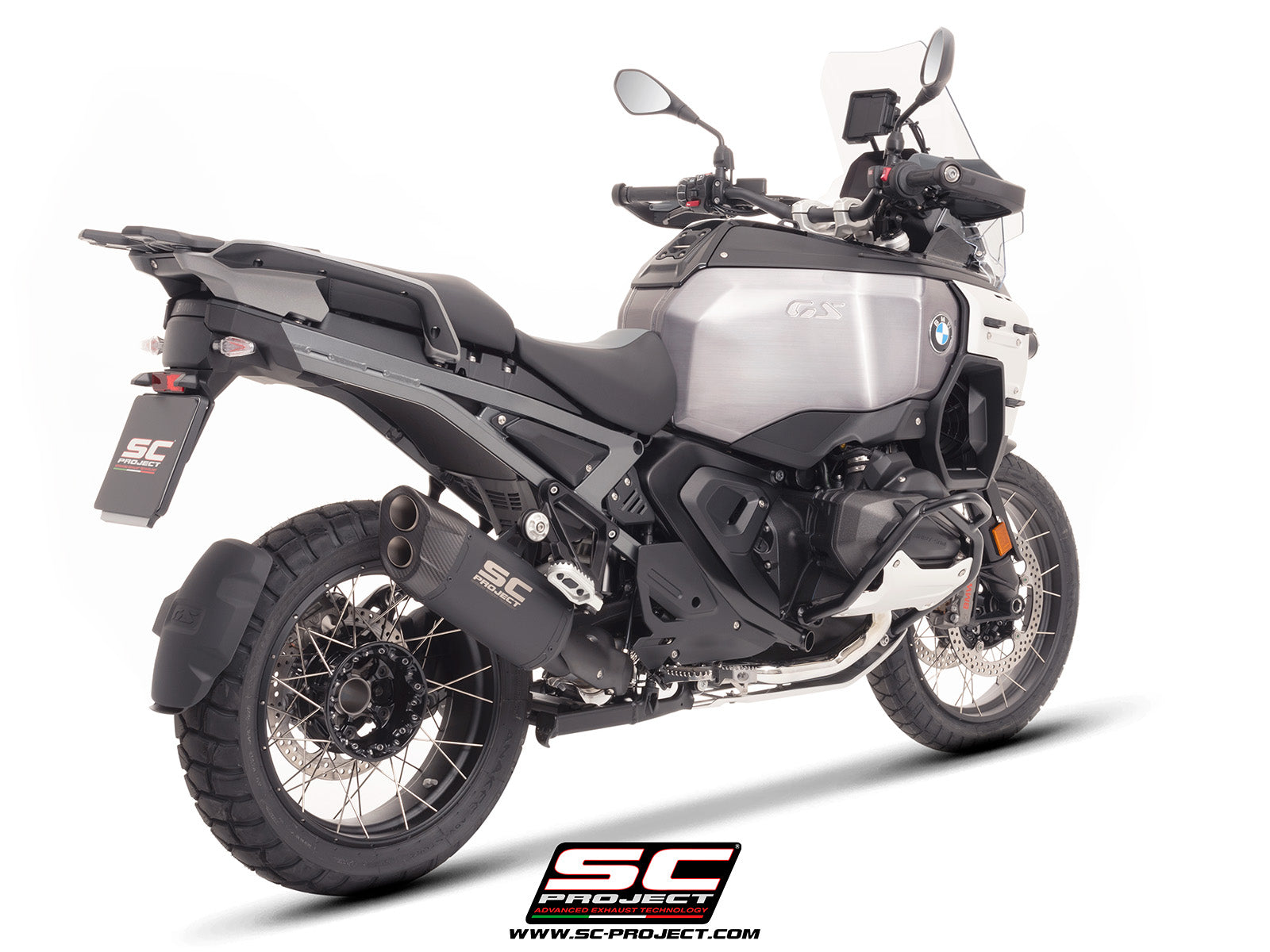 BMW R 1300 GS Adventure with SC-Project Adventure-R titanium matt black exhaust, 3/4 rear view