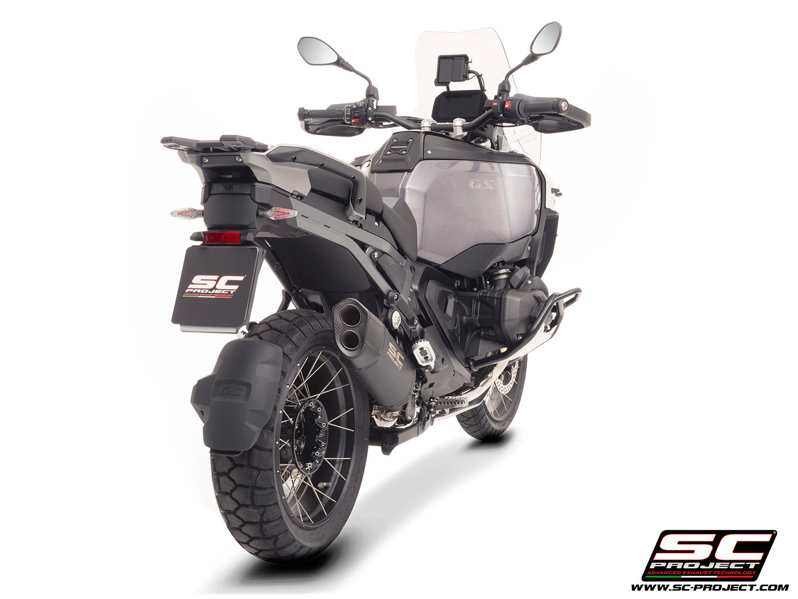 BMW R 1300 GS Adventure with SC-Project Adventure-R titanium matt black exhaust, 3/4 rear view