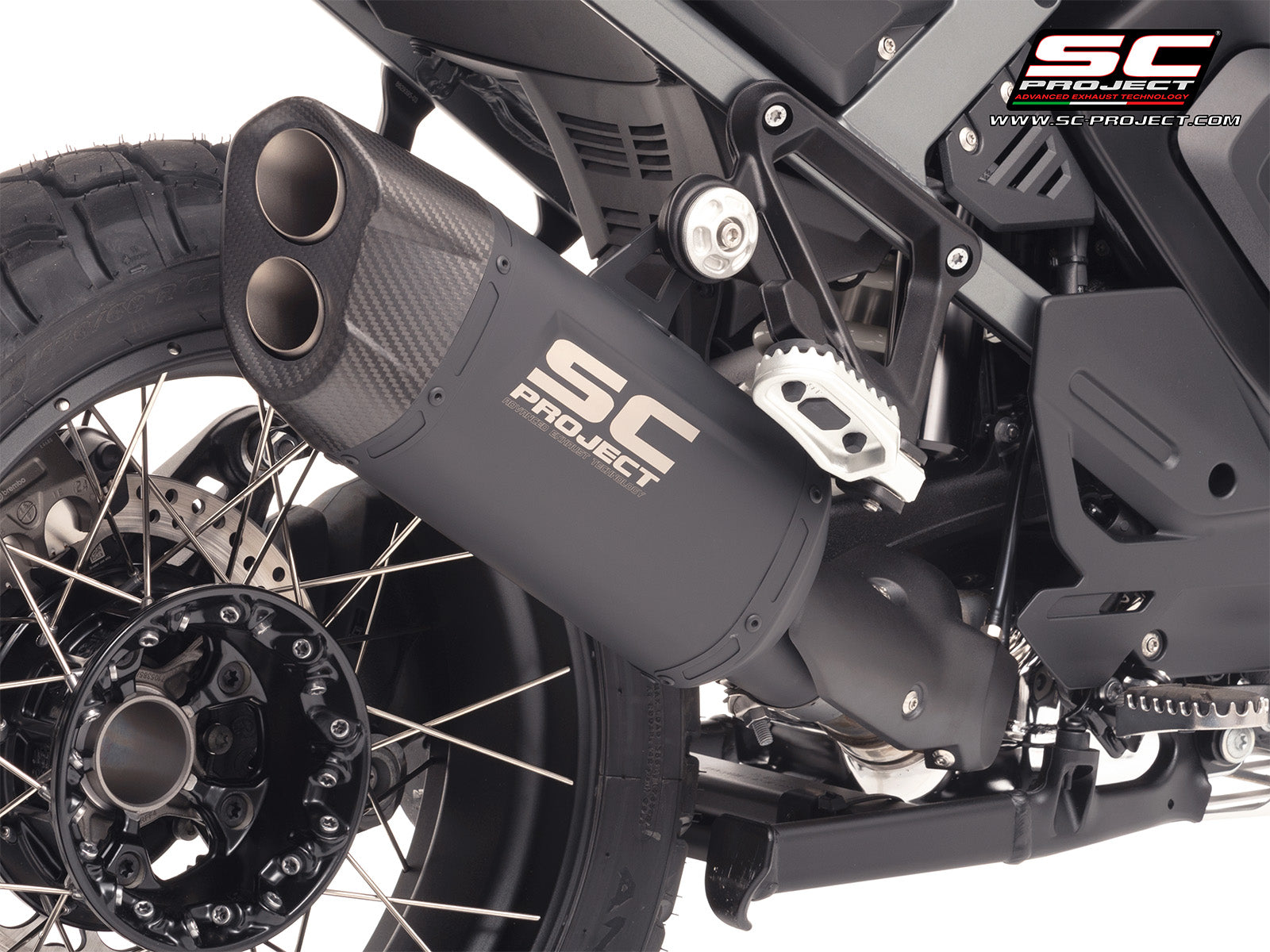 BMW R 1300 GS Adventure with SC-Project Adventure-R titanium matt black exhaust, 3/4 rear view