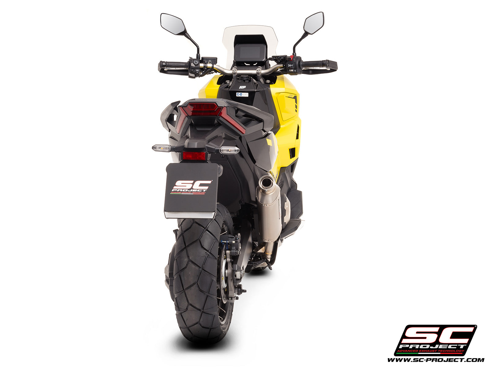 HONDA X ADV 750 with SC-Project Rally Raid titanium exhaust, 3/4 rear view
