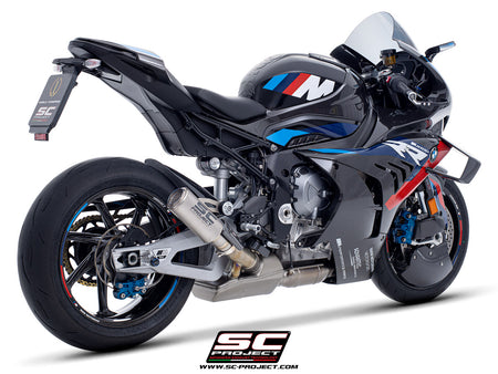 BMW M 1000 RR with SC-Project CR-T titanium exhaust, with stoneguard grid, 3/4 rear view