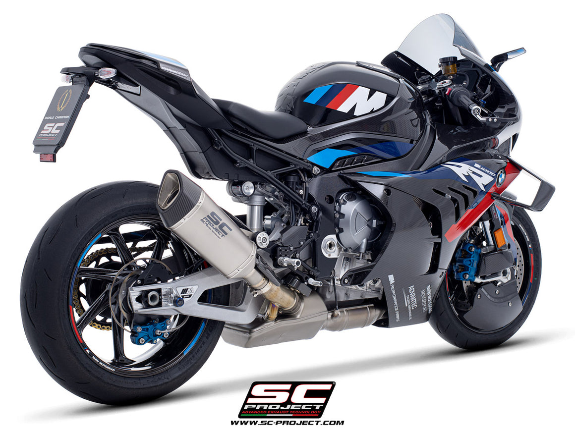 BMW M 1000 RR with SC-Project SC1-R titanium exhaust, 3/4 rear view