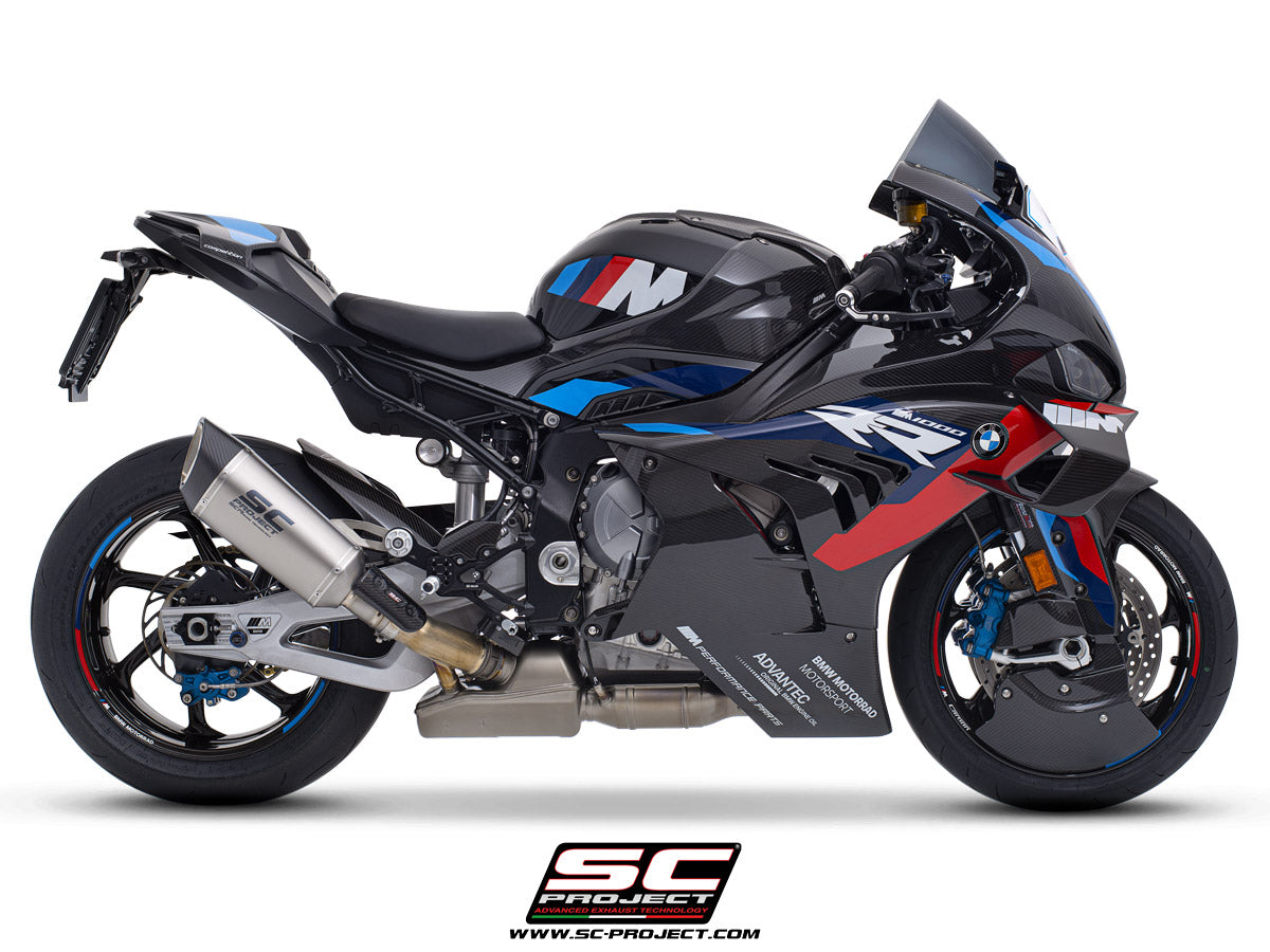 BMW M 1000 RR with SC-Project SC1-R titanium exhaust, 3/4 rear view