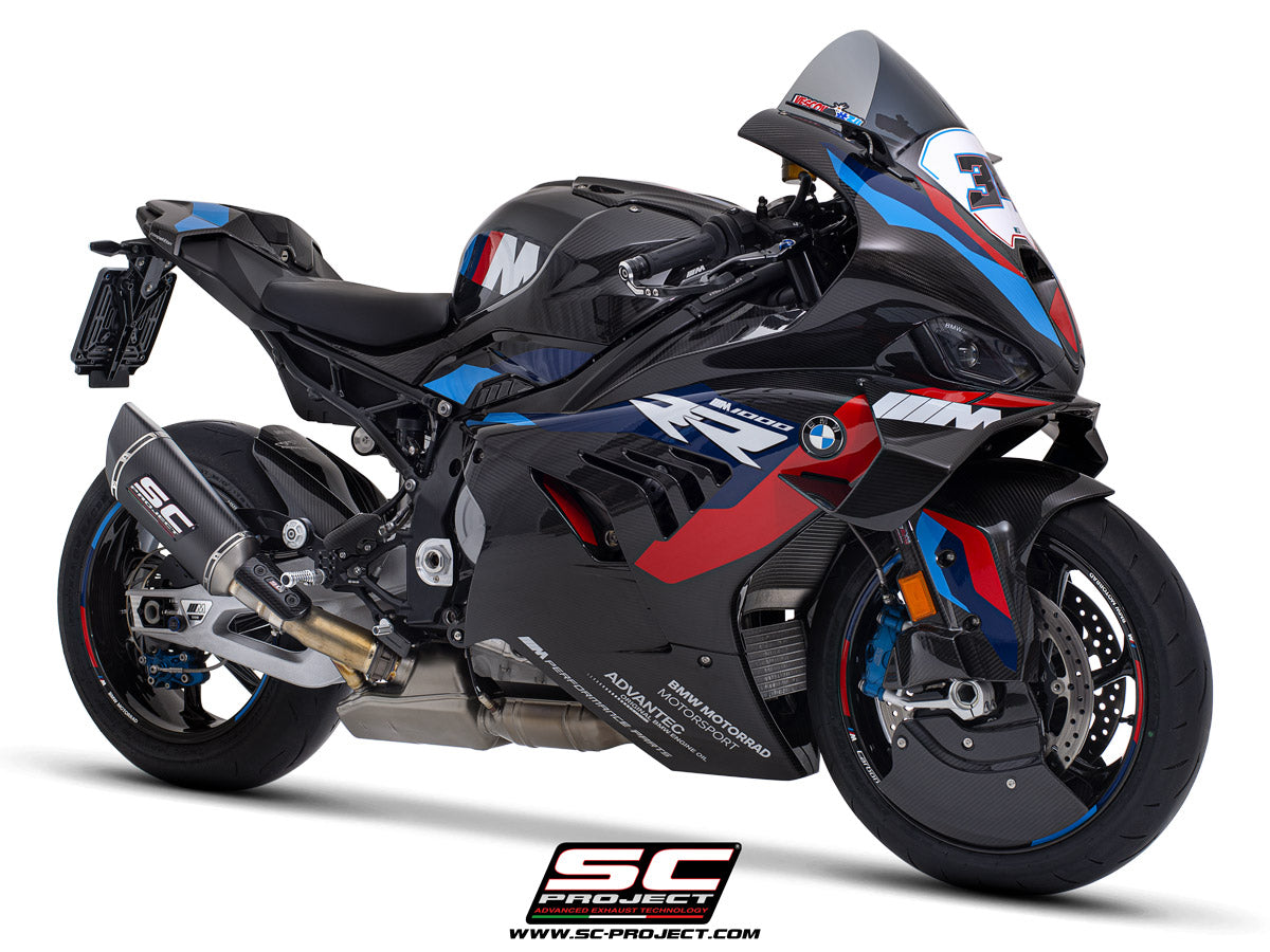 BMW M 1000 RR with SC-Project SC1-R carbon exhaust, 3/4 rear view