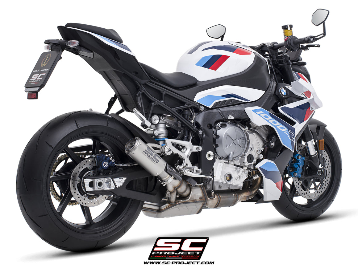 BMW M 1000 R with SC-Project CR-T titanium exhaust, with stoneguard grid, 3/4 rear view