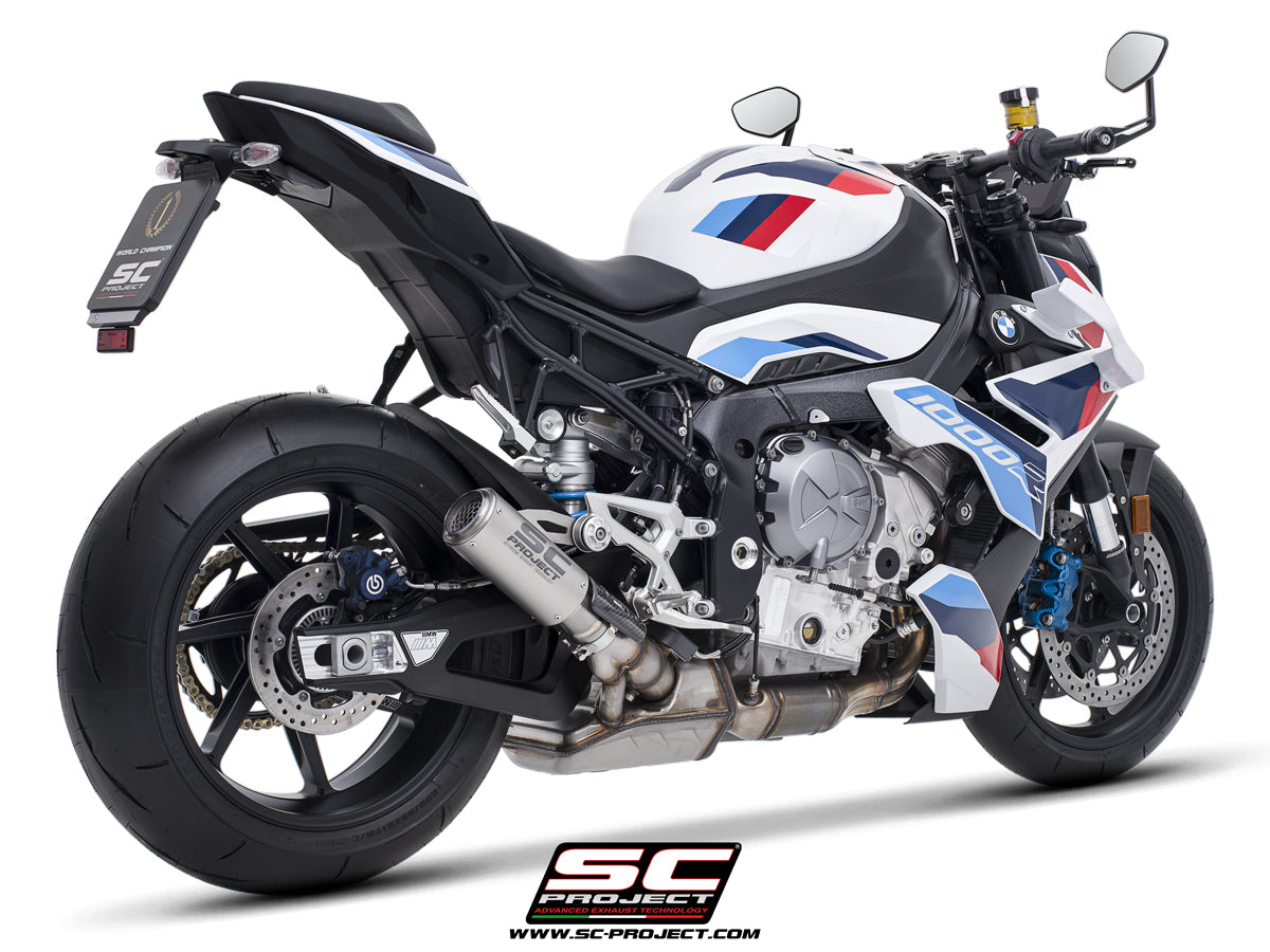 BMW M 1000 R with SC-Project CR-T titanium exhaust, with stoneguard grid, 3/4 rear view