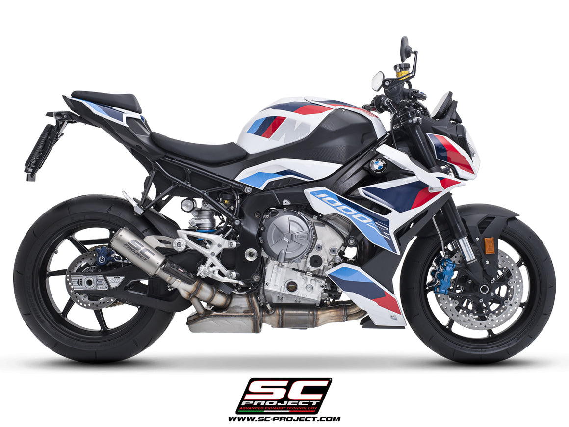 BMW M 1000 R with SC-Project CR-T titanium exhaust, with stoneguard grid, 3/4 rear view