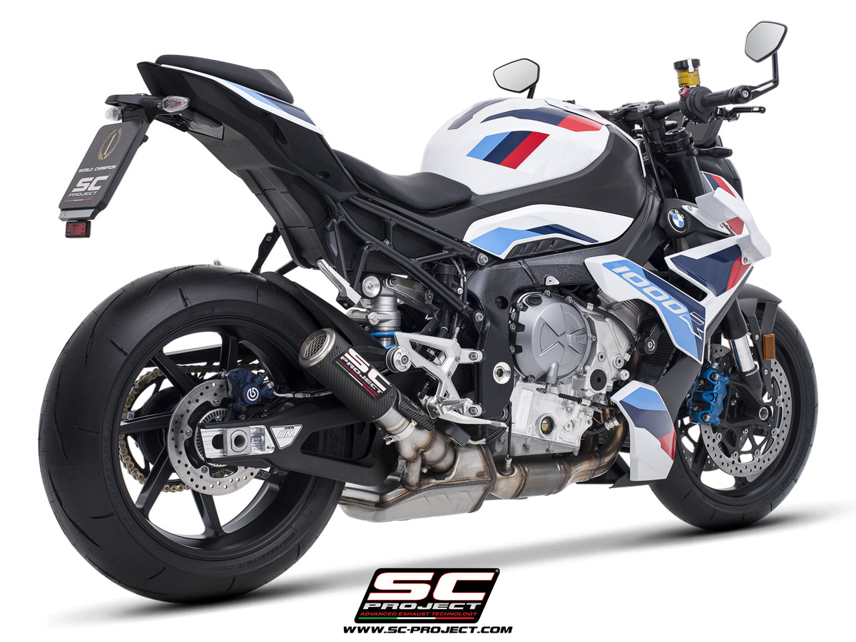 BMW M 1000 R with SC-Project CR-T carbon exhaust, with stoneguard grid, 3/4 rear view