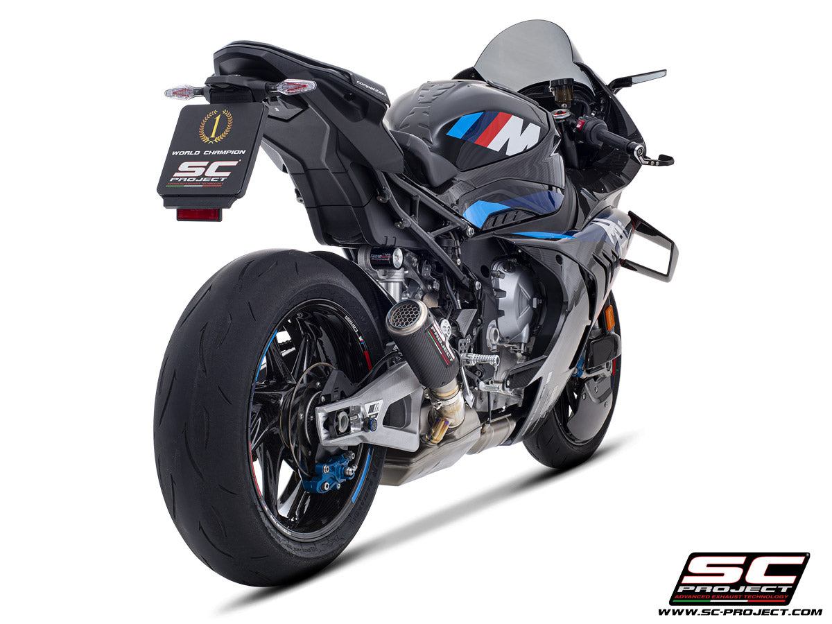 BMW M 1000 RR with SC-Project CR-T carbon exhaust, with stoneguard grid, 3/4 rear view