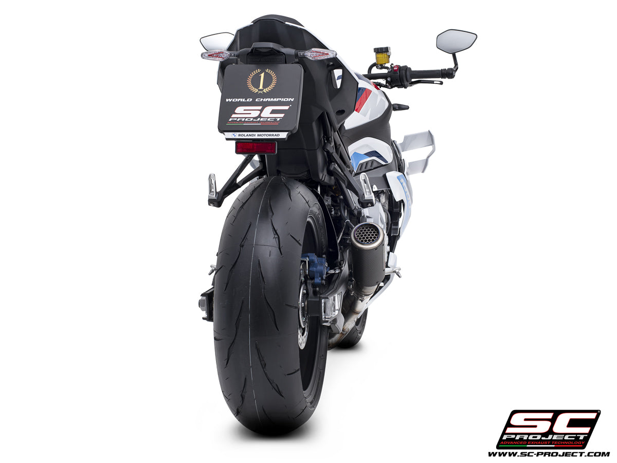 BMW M 1000 R with SC-Project CR-T carbon exhaust, with stoneguard grid, 3/4 rear view