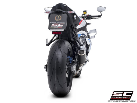 BMW M 1000 R with SC-Project CR-T carbon exhaust, with stoneguard grid, 3/4 rear view