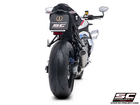 BMW M 1000 R with SC-Project CR-T titanium exhaust, with stoneguard grid, 3/4 rear view