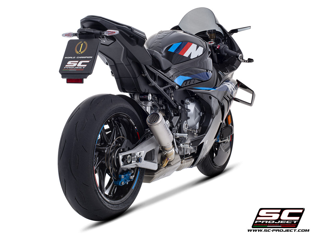 BMW M 1000 RR with SC-Project CR-T titanium exhaust, with stoneguard grid, 3/4 rear view