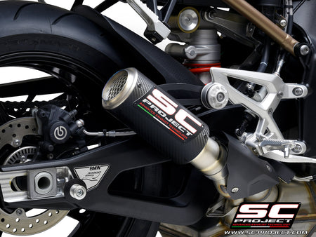 BMW S 1000 R with SC-Project CR-T carbon exhaust, with stoneguard grid, 3/4 rear view