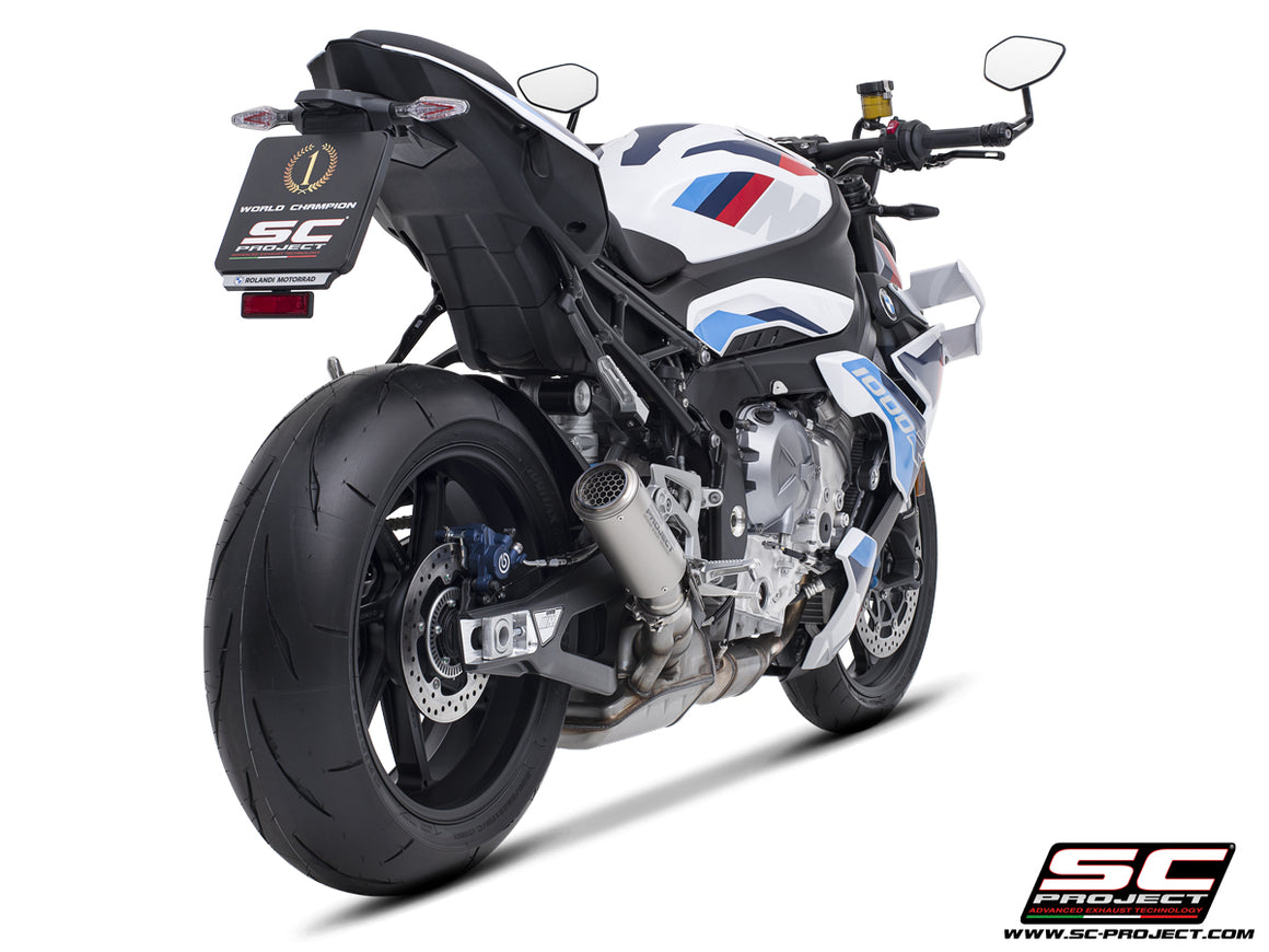 BMW M 1000 R with SC-Project CR-T titanium exhaust, with stoneguard grid, 3/4 rear view