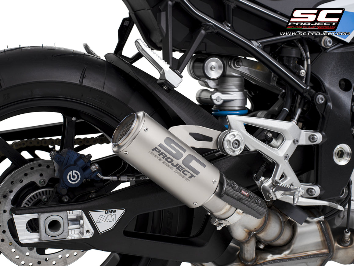 BMW M 1000 R with SC-Project CR-T titanium exhaust, with stoneguard grid, 3/4 rear view