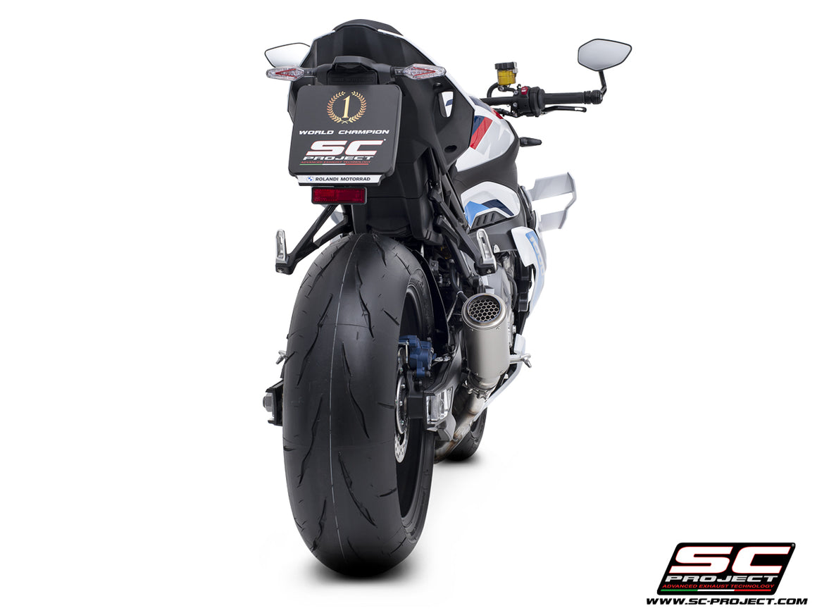 BMW M 1000 R with SC-Project CR-T titanium exhaust, with stoneguard grid, 3/4 rear view
