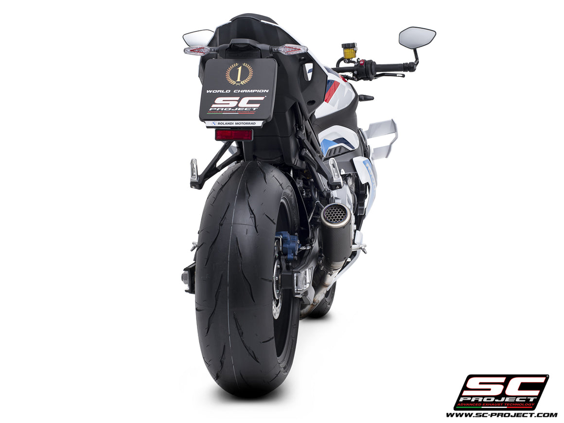 BMW M 1000 R with SC-Project CR-T carbon exhaust, with stoneguard grid, 3/4 rear view