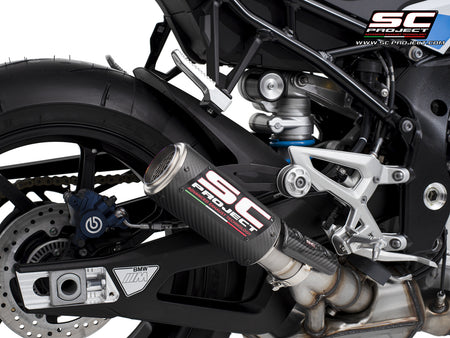 BMW M 1000 R with SC-Project CR-T carbon exhaust, with stoneguard grid, 3/4 rear view