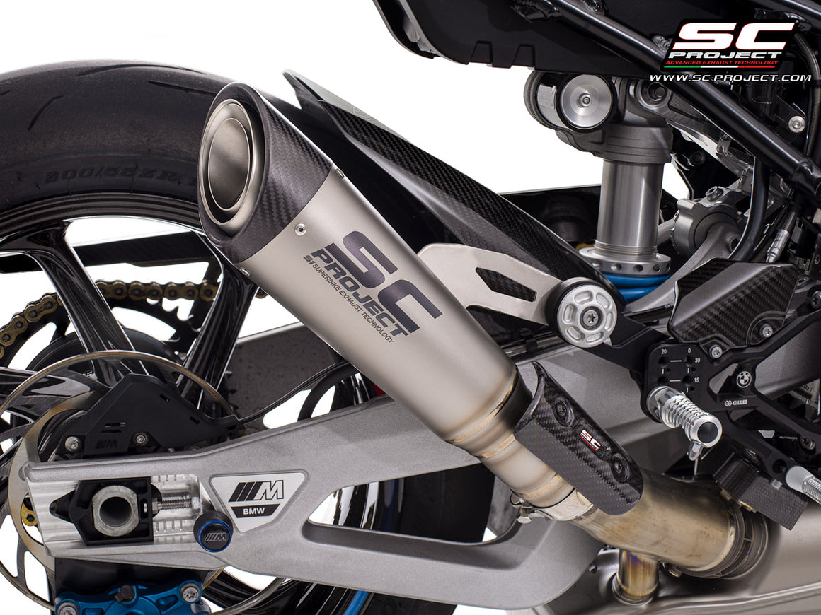 BMW M 1000 RR with SC-Project S1 titanium exhaust, 3/4 rear view