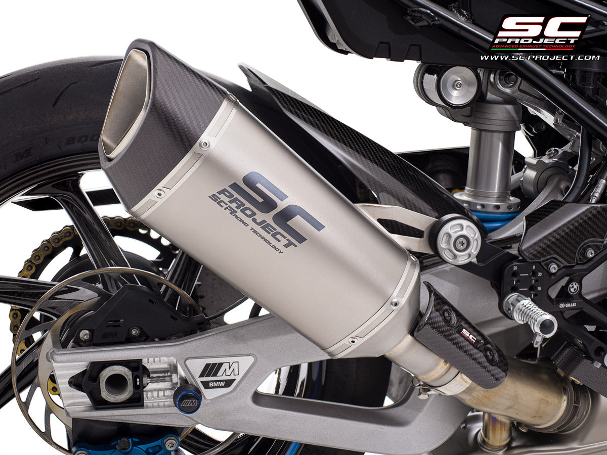 BMW M 1000 RR with SC-Project SC1-R titanium exhaust, 3/4 rear view