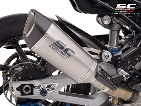 BMW M 1000 RR with SC-Project SC1-R titanium exhaust, 3/4 rear view