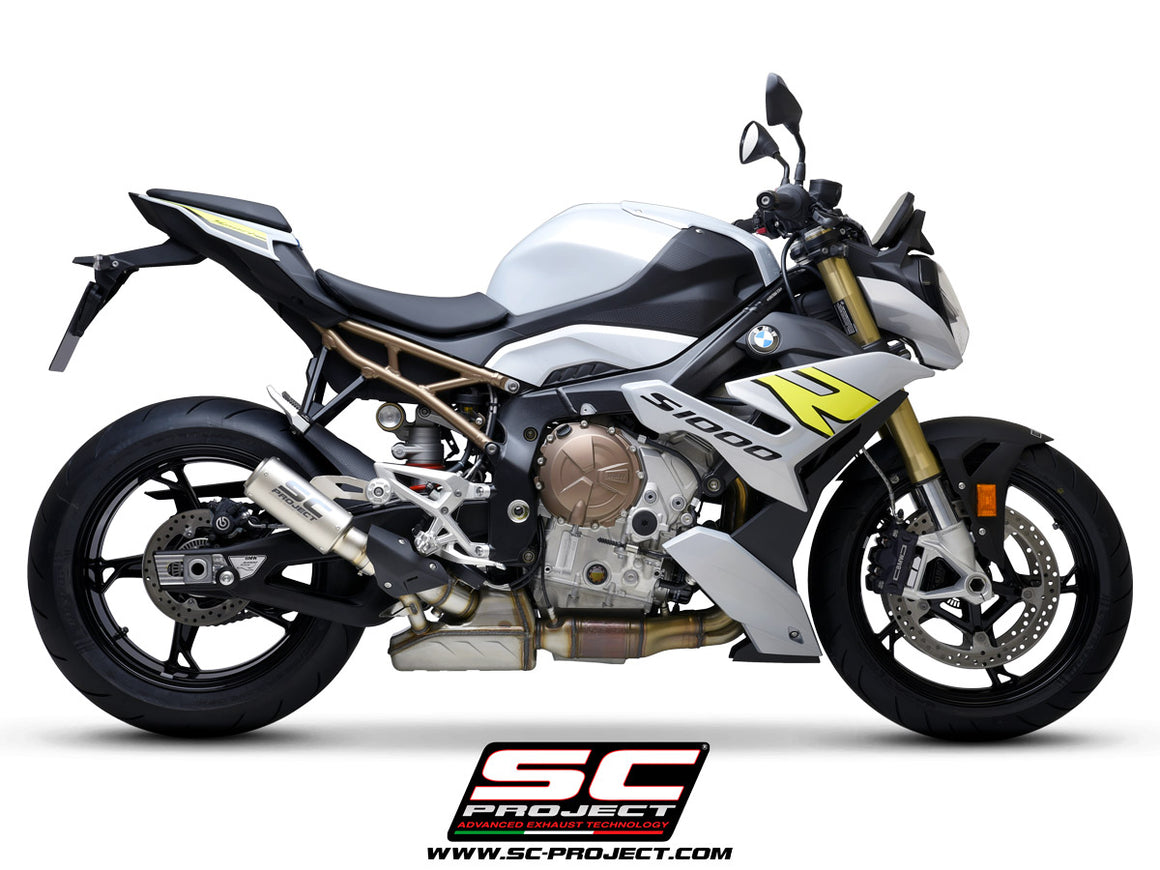 BMW S 1000 R with SC-Project CR-T titanium exhaust, with stoneguard grid, 3/4 rear view