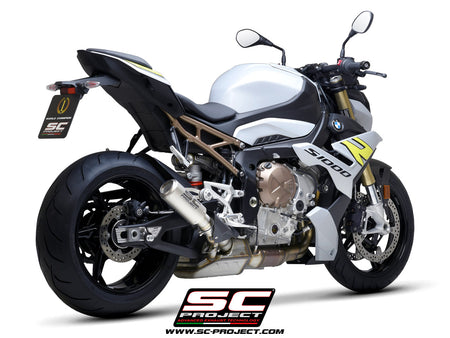 BMW S 1000 R with SC-Project CR-T titanium exhaust, with stoneguard grid, 3/4 rear view