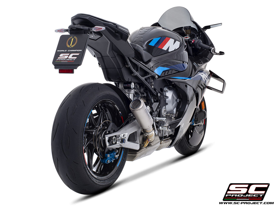 BMW M 1000 RR with SC-Project CR-T titanium exhaust, 3/4 rear view