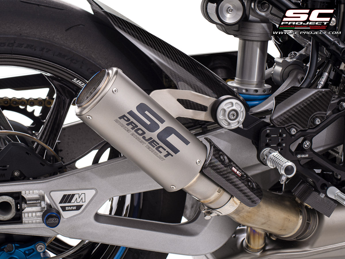 BMW M 1000 RR with SC-Project CR-T titanium exhaust, 3/4 rear view