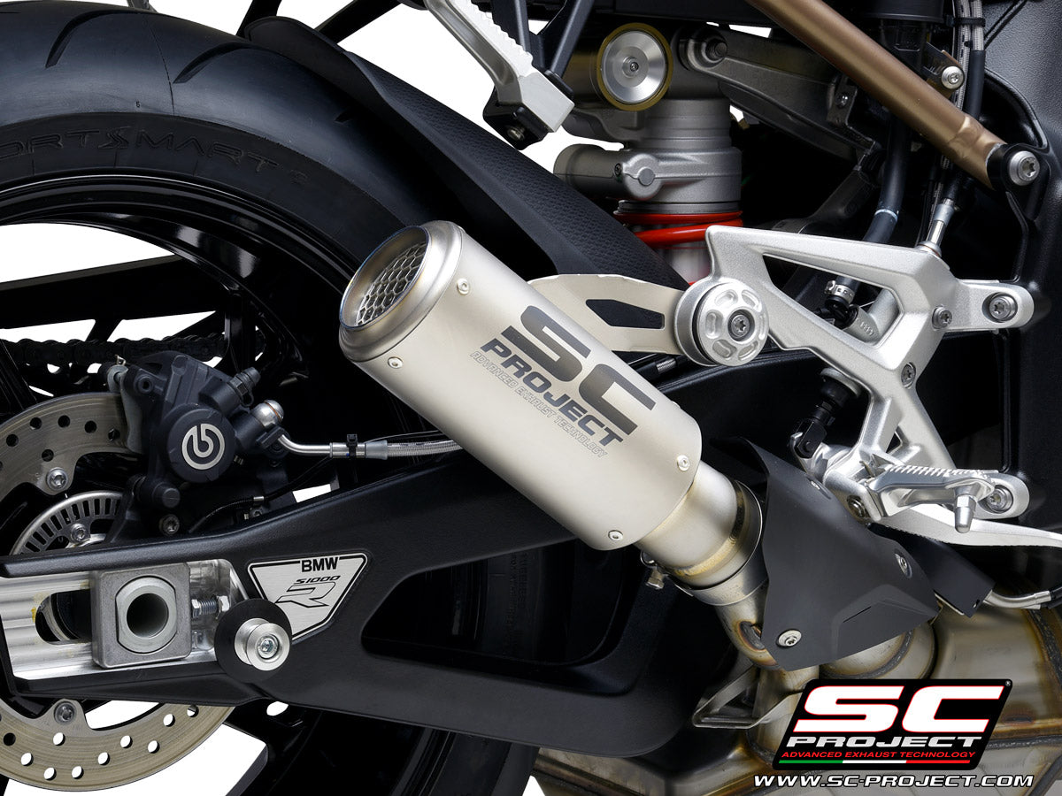 BMW S 1000 R with SC-Project CR-T titanium exhaust, with stoneguard grid, 3/4 rear view