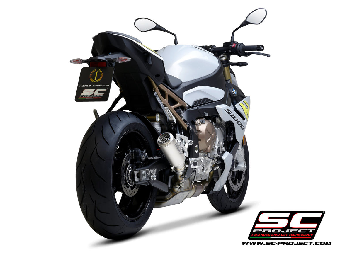 BMW S 1000 R with SC-Project CR-T titanium exhaust, with stoneguard grid, 3/4 rear view