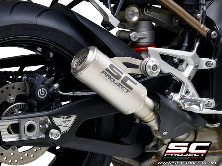BMW S 1000 R with SC-Project CR-T titanium exhaust, with stoneguard grid, 3/4 rear view
