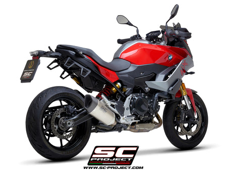 BMW F 900 XR with SC-Project SC1-R titanium exhaust, 3/4 rear view