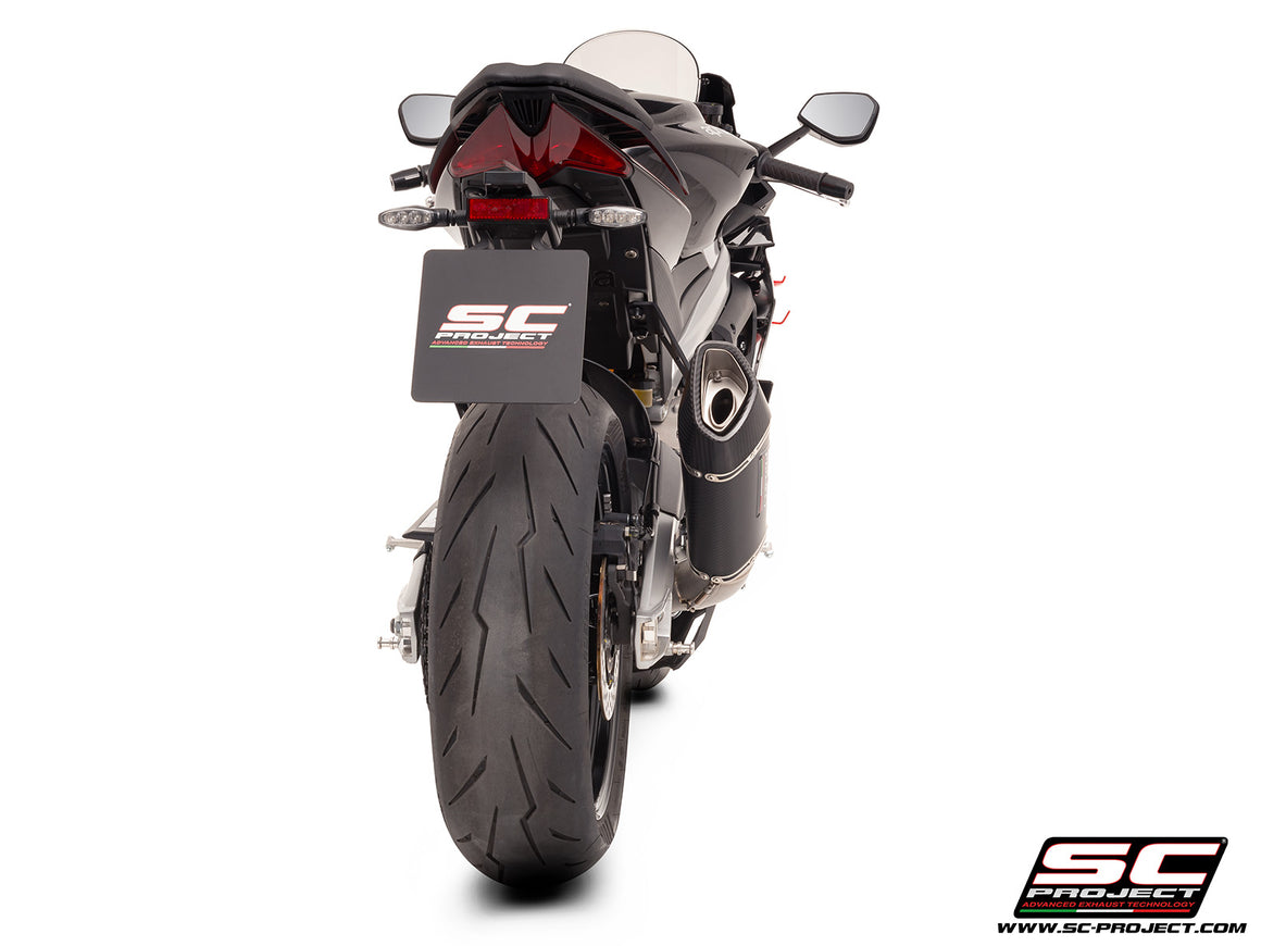 Aprilia RS 660 with SC-Project full exhaust system titanium, with SC1-R carbon exhaust, 3/4 rear view