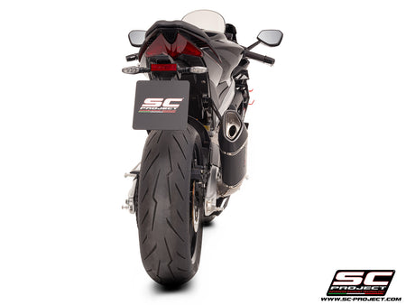 Aprilia RS 660 with SC-Project full exhaust system titanium, with SC1-R carbon exhaust, 3/4 rear view