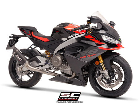 Aprilia RS 660 with SC-Project full exhaust system titanium, with SC1-R carbon exhaust, 3/4 rear view