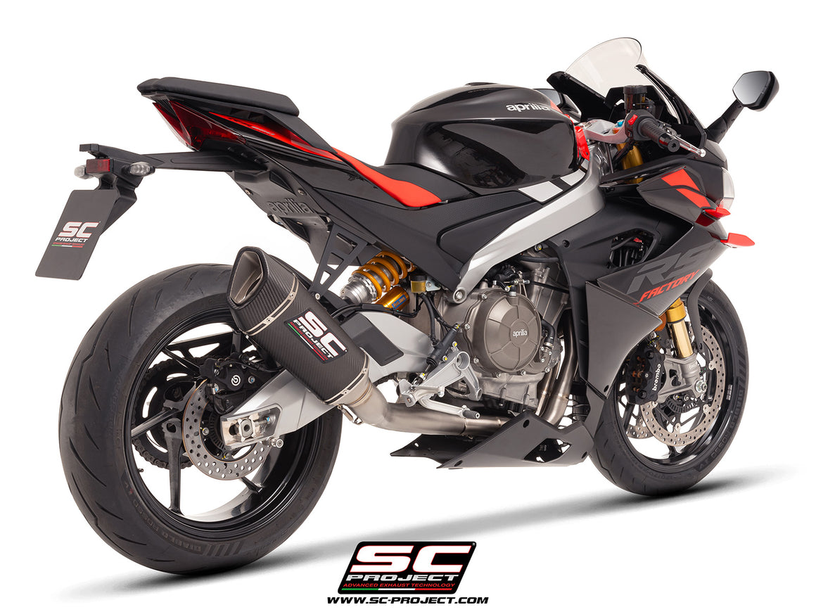 Aprilia RS 660 with SC-Project full exhaust system titanium, with SC1-R carbon exhaust, 3/4 rear view