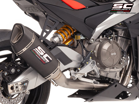 Aprilia RS 660 with SC-Project full exhaust system titanium, with SC1-R carbon exhaust, 3/4 rear view