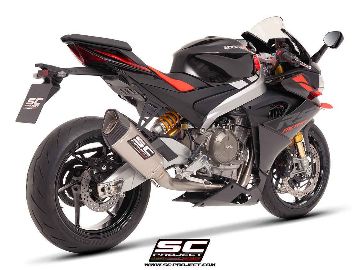 Aprilia RS 660 with SC-Project full exhaust system titanium, with SC1-R titanium exhaust, 3/4 rear view