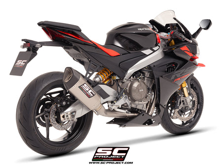 Aprilia RS 660 with SC-Project full exhaust system titanium, with SC1-R titanium exhaust, 3/4 rear view