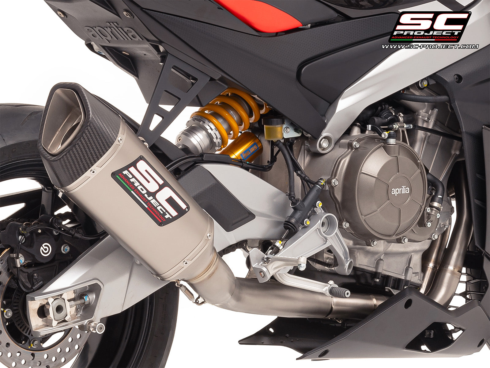 Aprilia RS 660 with SC-Project full exhaust system titanium, with SC1-R titanium exhaust, 3/4 rear view
