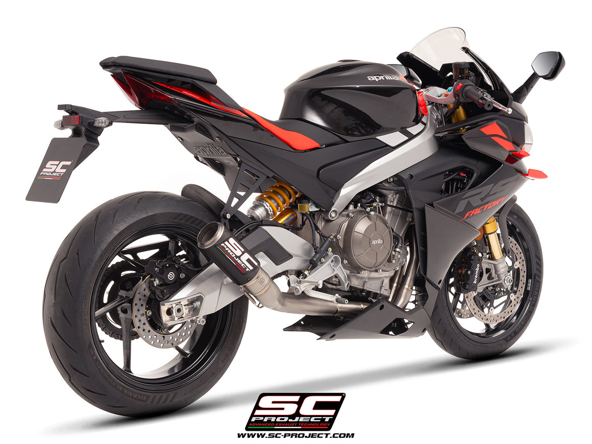 Aprilia RS 660 with SC-Project full exhaust system titanium, with CR-T carbon exhaust, 3/4 rear view