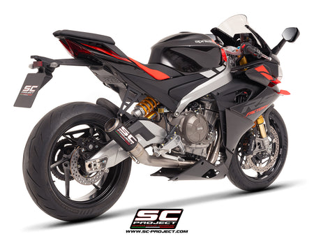 Aprilia RS 660 with SC-Project full exhaust system titanium, with CR-T carbon exhaust, 3/4 rear view