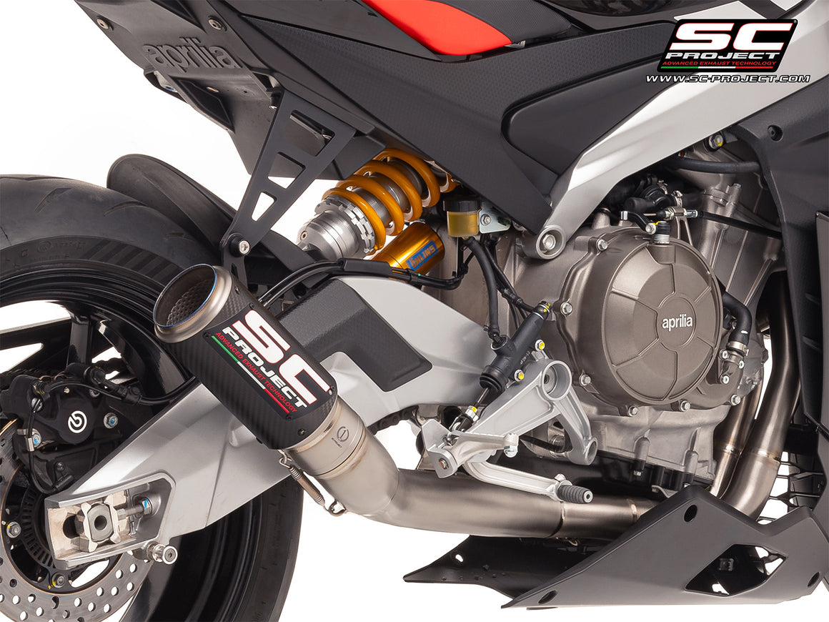 Aprilia RS 660 with SC-Project full exhaust system titanium, with CR-T carbon exhaust, 3/4 rear view