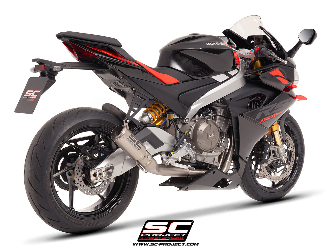 Aprilia RS 660 with SC-Project full exhaust system titanium, with CR-T titanium exhaust, 3/4 rear view