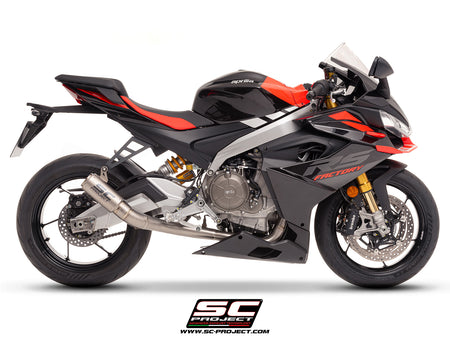 Aprilia RS 660 with SC-Project full exhaust system titanium, with CR-T titanium exhaust, 3/4 rear view