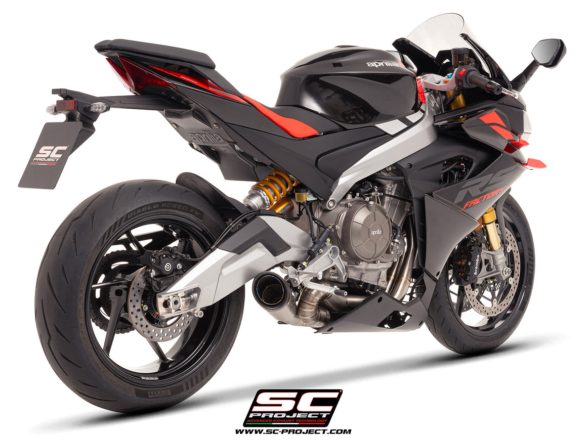 Aprilia RS 660 with SC-Project full exhaust system titanium, with S1 titanium exhaust, 3/4 rear view