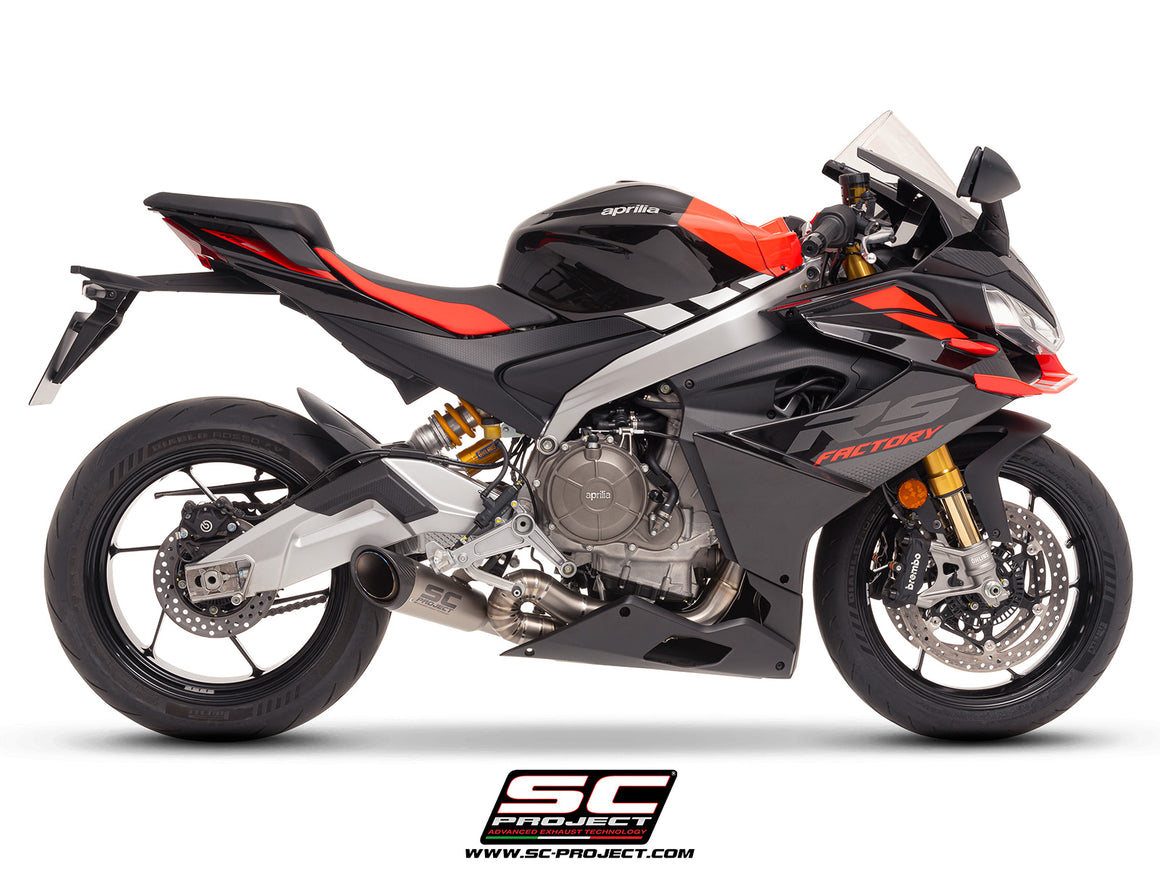 Aprilia RS 660 with SC-Project full exhaust system titanium, with S1 titanium exhaust, 3/4 rear view