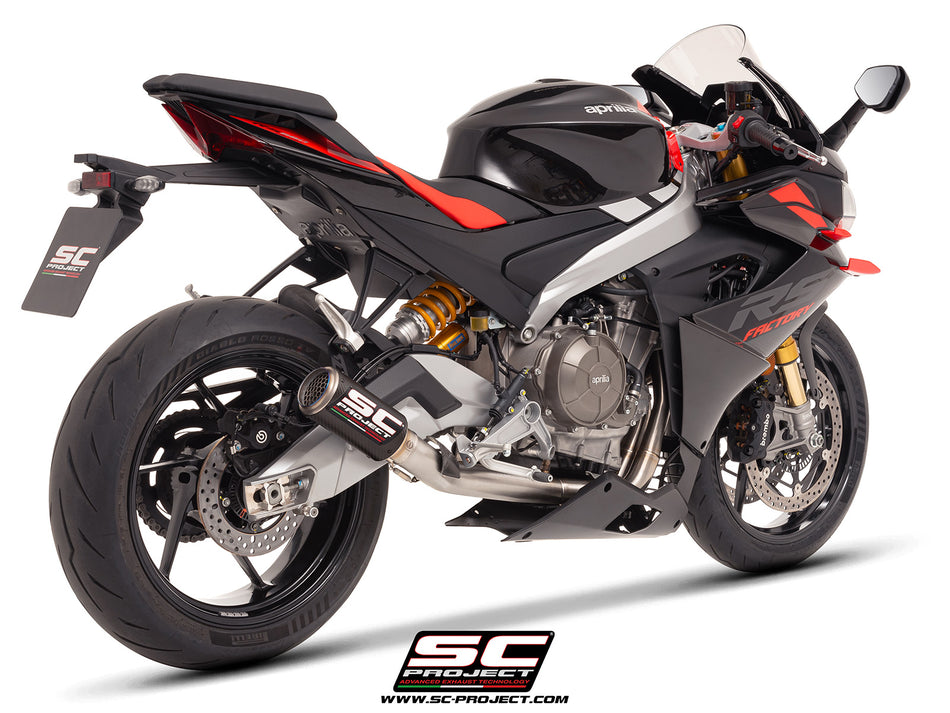 Aprilia RS 660 with SC-Project Stainless steel full exhaust system, with CR-T carbon exhaust, with stoneguard grid, 3/4 rear view